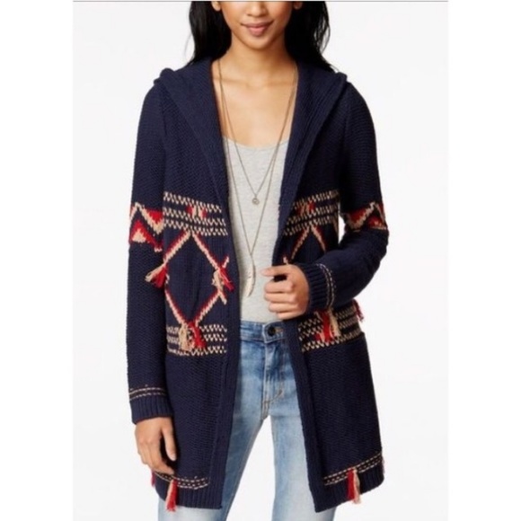 Lucky Brand Sweaters - Lucky Brand Blue & Red Fringe Chunky Cardigan